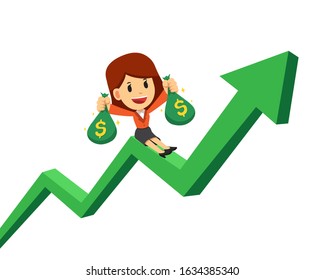 Vector cartoon businesswoman holding money bag on green arrow for design.