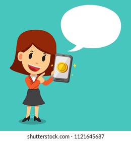 Vector cartoon businesswoman holding smartphone with money coin and white speech bubble for design.