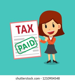Vector cartoon businesswoman paid tax for design.