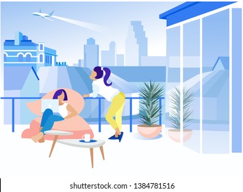 Vector Cartoon Businesswoman Relaxing Working on Laptop Outdoor Balcony Terrace in Business Coworking Office Design Illustration Advertising Banner Free Workplace Healthy Work Informal Atmosphere