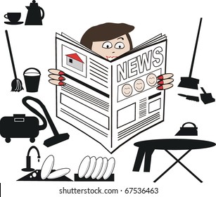 Vector cartoon of busy housewife reading newspaper.