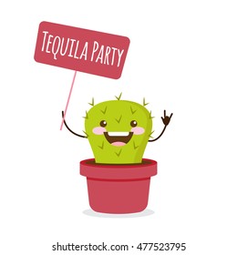 Vector cartoon cactus illustration. Tequila party invitation comic design concept