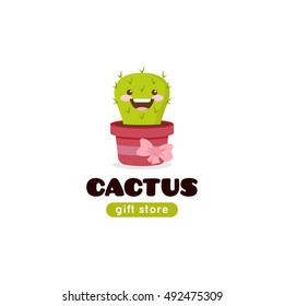 Vector cartoon cactus mascot logo for gift shop. Cute plant symbol with bow
