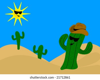 A vector cartoon cactus wearing a cowboy hat with a laughing sun wearing sunglasses