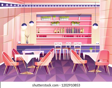 Vector cartoon cafe with bar counter - cozy interior with plants in pots, tables and chairs. Bright furniture for cafeteria and illumination from modern lamps, chandeliers. Background of restaurant.