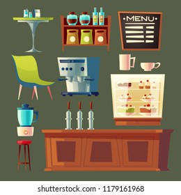 Vector cartoon cafe set - coffee machine, cupboard and table. Wooden furniture elements for cafeteria interior, chair and blackboard for menu isolated on background. Fridge with bakery, pastry, cake.