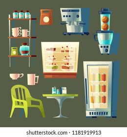 Vector cartoon cafe set - coffee machine, cupboard with utensil and table. Elements for cafeteria interior. Fridge with cakes, mixer and chair isolated on green background. Sweet-shop or confectionery