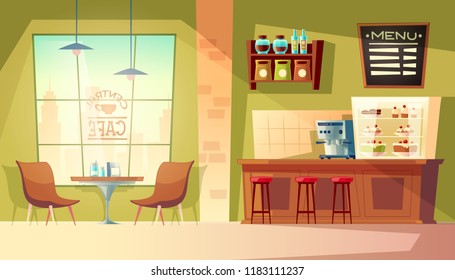 Vector cartoon cafe with window - cozy interior with coffee machine, table. Wooden furniture for cafeteria interior, chair and blackboard for memu. Background with fridge, bakery, pastry, cake.