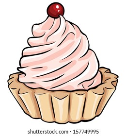 vector cartoon cake with whipped cream and a cherry