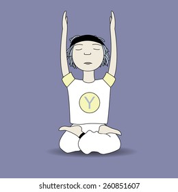 vector cartoon calm  yoga pose boy sits hand up with blue background
