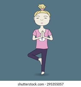vector cartoon calm  yoga pose girl Vrikshasana with blue background