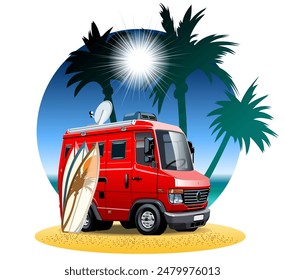 Vector cartoon camper van at the beach. Available eps-10 vector format separated by groups with transparency effects for one-click recolor