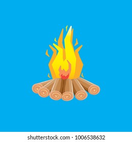 vector cartoon campfire color icon isolated on blue background. Summer camping fire or fireplace with wooden logs. Kids summer camp label or logo