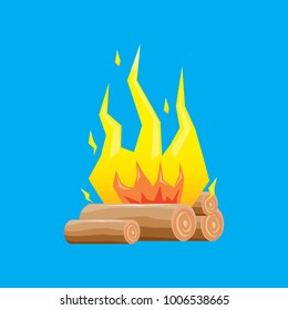 vector cartoon campfire color icon isolated on blue background. Summer camping fire or fireplace with wooden logs. Kids summer camp label or logo