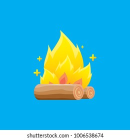 vector cartoon campfire color icon isolated on blue background. Summer camping fire or fireplace with wooden logs. Kids summer camp label or logo