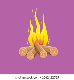 vector cartoon campfire color icon isolated on blue background. Summer camping fire or fireplace with wooden logs. Kids summer camp label or logo