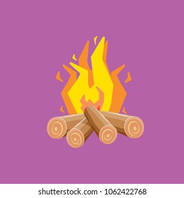vector cartoon campfire color icon isolated on blue background. Summer camping fire or fireplace with wooden logs. Kids summer camp label or logo