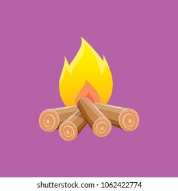 vector cartoon campfire color icon isolated on blue background. Summer camping fire or fireplace with wooden logs. Kids summer camp label or logo