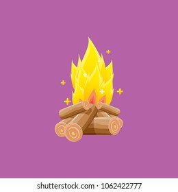 vector cartoon campfire color icon isolated on blue background. Summer camping fire or fireplace with wooden logs. Kids summer camp label or logo