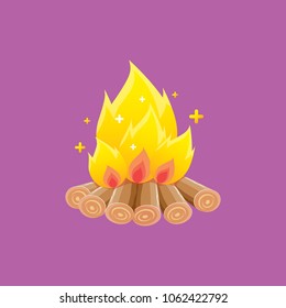 vector cartoon campfire color icon isolated on blue background. Summer camping fire or fireplace with wooden logs. Kids summer camp label or logo