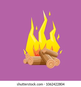 vector cartoon campfire color icon isolated on blue background. Summer camping fire or fireplace with wooden logs. Kids summer camp label or logo
