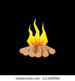 vector cartoon campfire color icon isolated on black background. Summer camping fire or fireplace with wooden logs. Kids summer camp label or logo