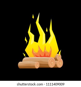 vector cartoon campfire color icon isolated on black background. Summer camping fire or fireplace with wooden logs. Kids summer camp label or logo