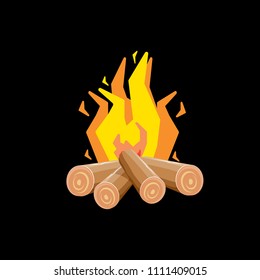 vector cartoon campfire color icon isolated on black background. Summer camping fire or fireplace with wooden logs. Kids summer camp label or logo