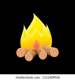 vector cartoon campfire color icon isolated on black background. Summer camping fire or fireplace with wooden logs. Kids summer camp label or logo