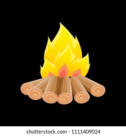 vector cartoon campfire color icon isolated on black background. Summer camping fire or fireplace with wooden logs. Kids summer camp label or logo