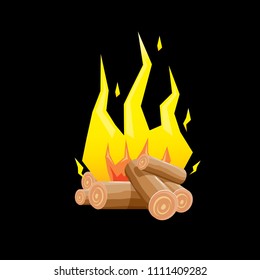 vector cartoon campfire color icon isolated on black background. Summer camping fire or fireplace with wooden logs. Kids summer camp label or logo
