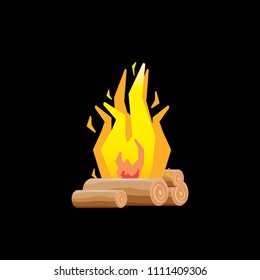 vector cartoon campfire color icon isolated on black background. Summer camping fire or fireplace with wooden logs. Kids summer camp label or logo