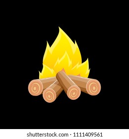 vector cartoon campfire color icon isolated on black background. Summer camping fire or fireplace with wooden logs. Kids summer camp label or logo