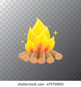 vector cartoon campfire color icon isolated on transparent background. Summer camping fire or fireplace with wooden logs