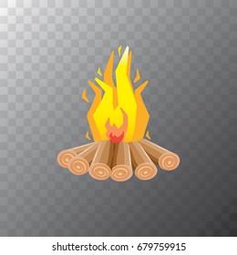 vector cartoon campfire color icon isolated on transparent background. Summer camping fire or fireplace with wooden logs
