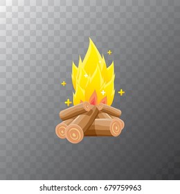 vector cartoon campfire color icon isolated on transparent background. Summer camping fire or fireplace with wooden logs