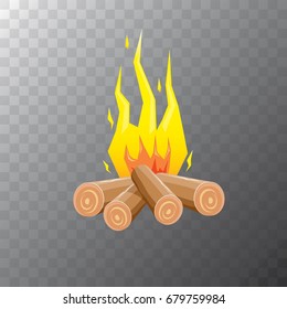 vector cartoon campfire color icon isolated on transparent background. Summer camping fire or fireplace with wooden logs