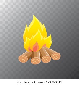vector cartoon campfire color icon isolated on transparent background. Summer camping fire or fireplace with wooden logs