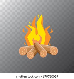 vector cartoon campfire color icon isolated on transparent background. Summer camping fire or fireplace with wooden logs