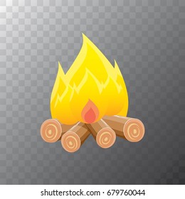 vector cartoon campfire color icon isolated on transparent background. Summer camping fire or fireplace with wooden logs