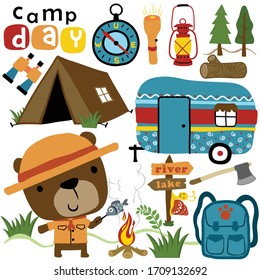 Vector cartoon of camping elements illustration with cute bear in scout costume