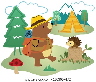 Vector cartoon of camping in the forest with funny bear