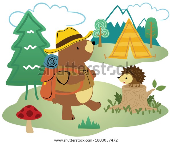 Vector\
cartoon of camping in the forest with funny\
bear