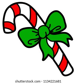 Vector Cartoon Candy Cane With Red Stripes And Green Ribbon