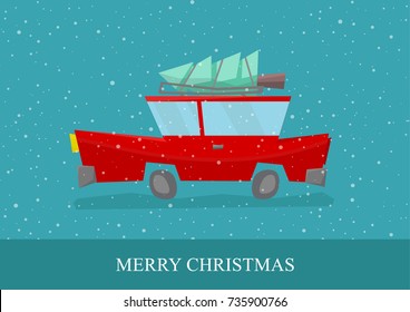 Vector cartoon car with a Christmas tree on the roof 