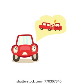 vector cartoon car with eyes worrying about possible crashing with another vehilce thinking about it experessing negative emotion. Isolated illustration on a white background.