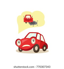 vector cartoon car with eyes worrying about possible problems with engine and exhaust system thinking about it with negative emotion. Isolated illustration on a white background.