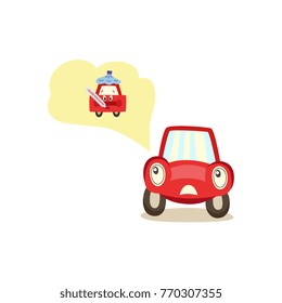 vector cartoon car with eyes worrying about possible problems with health thinking about temperatyure measurement with negative emotion. Isolated illustration on a white background.
