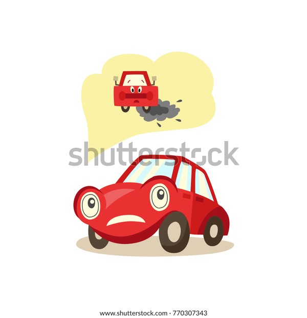 vector\
cartoon car with eyes worrying about possible problems with engine\
and exhaust system thinking about it with negative emotion.\
Isolated illustration on a white\
background.