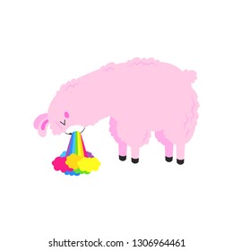 Vector cartoon card. Cute poster with funny llama nauseous rainbow. Doodle illustration. Template, background for print, design